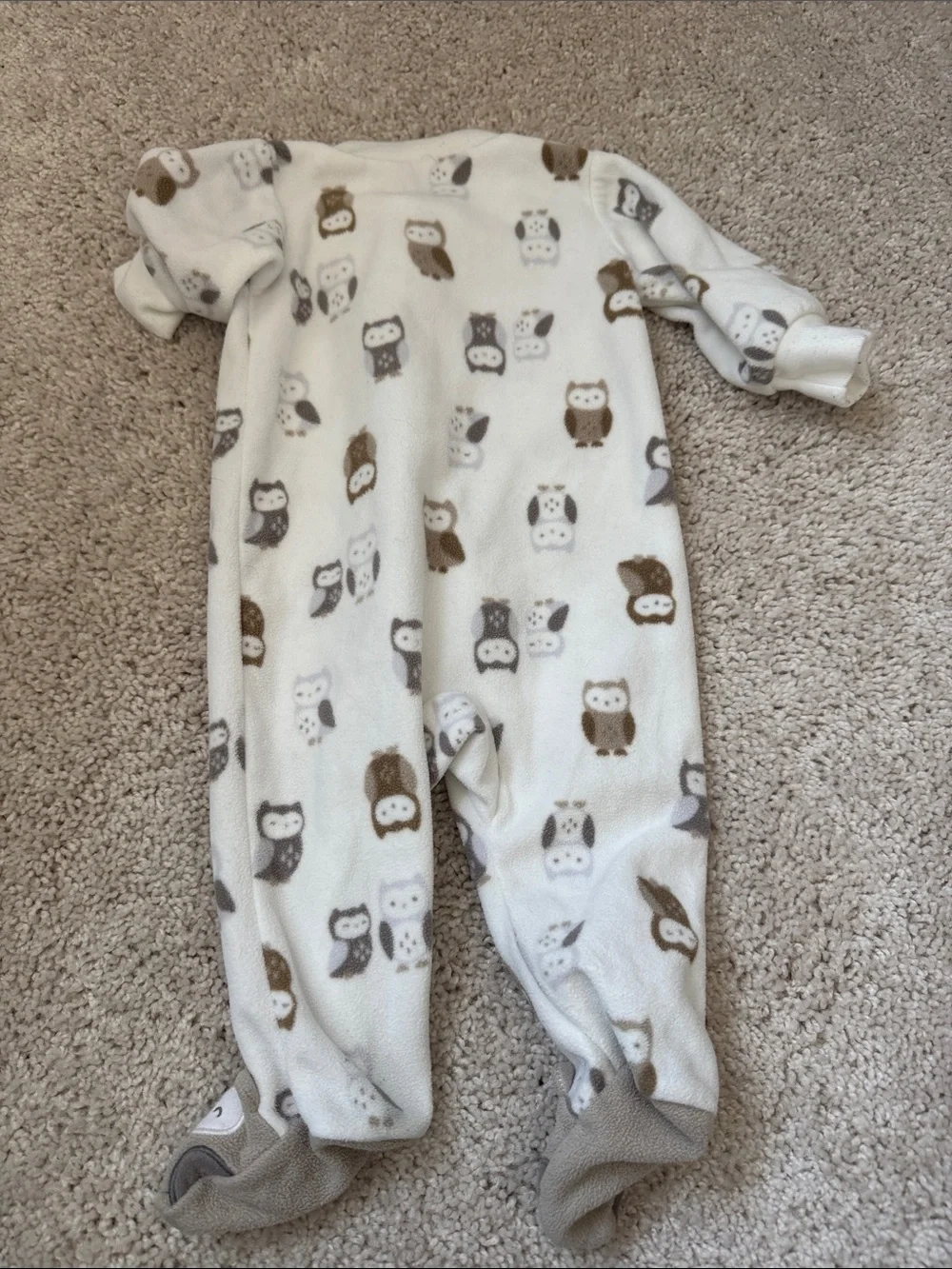 Carter's Cream Fleece Owl Footed One-Piece with Brown and Gray Accents